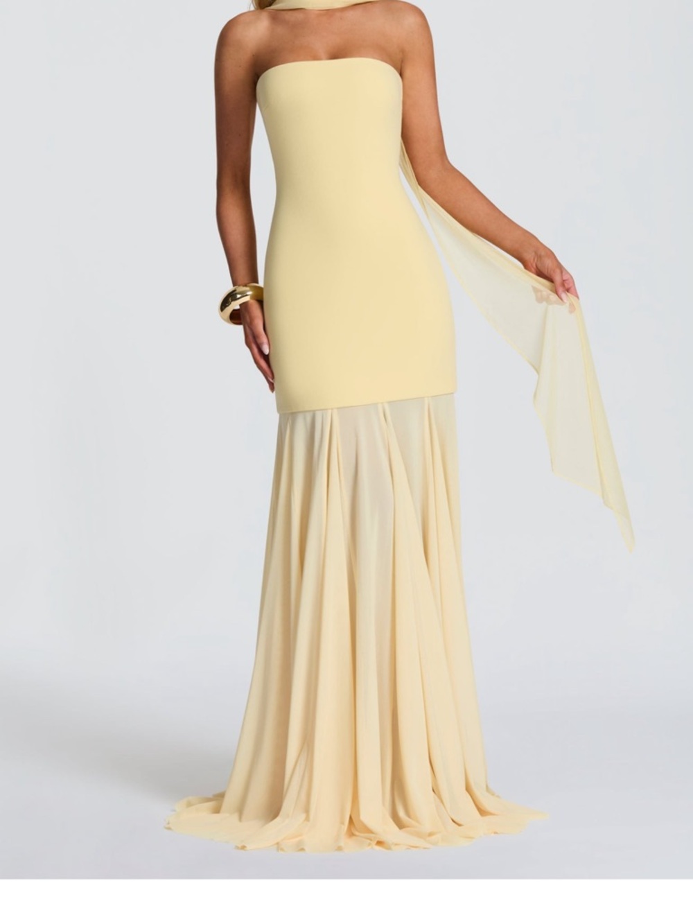 Strapless Pale Yellow Maxi Gown with Draped Skirt